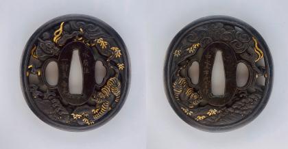 鐔 水府住 一柳友善 嘉永三年戌冬日作 龍虎透 / Tsuba Suifu jyu Ichiryu Tomoyoshi(Kaou) A.D.1850